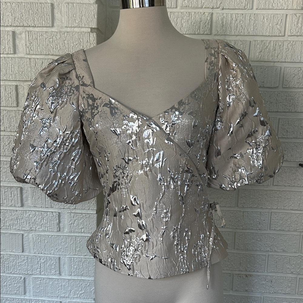 Jonathan Simkhai Metallic Floral puff sleeve top